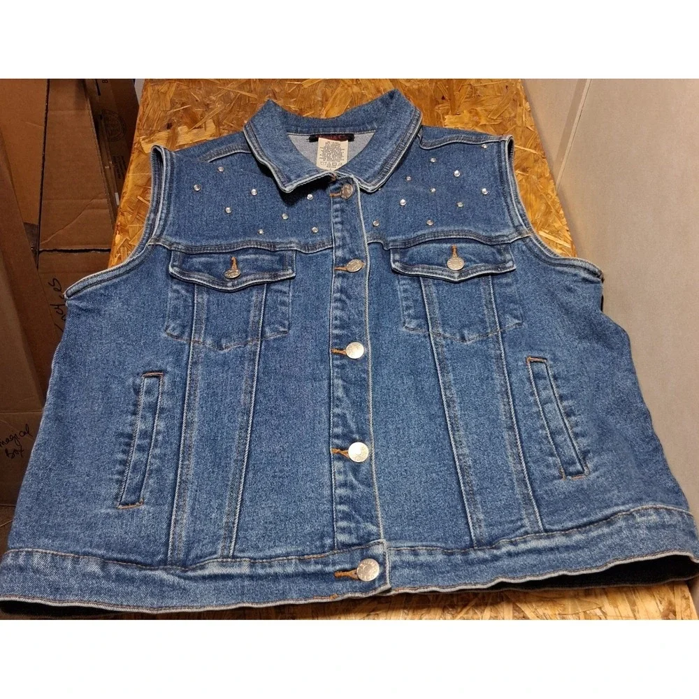 Denim & Co Womens Medium Wash Rhinestone Studded Denim Vest Blue Large L